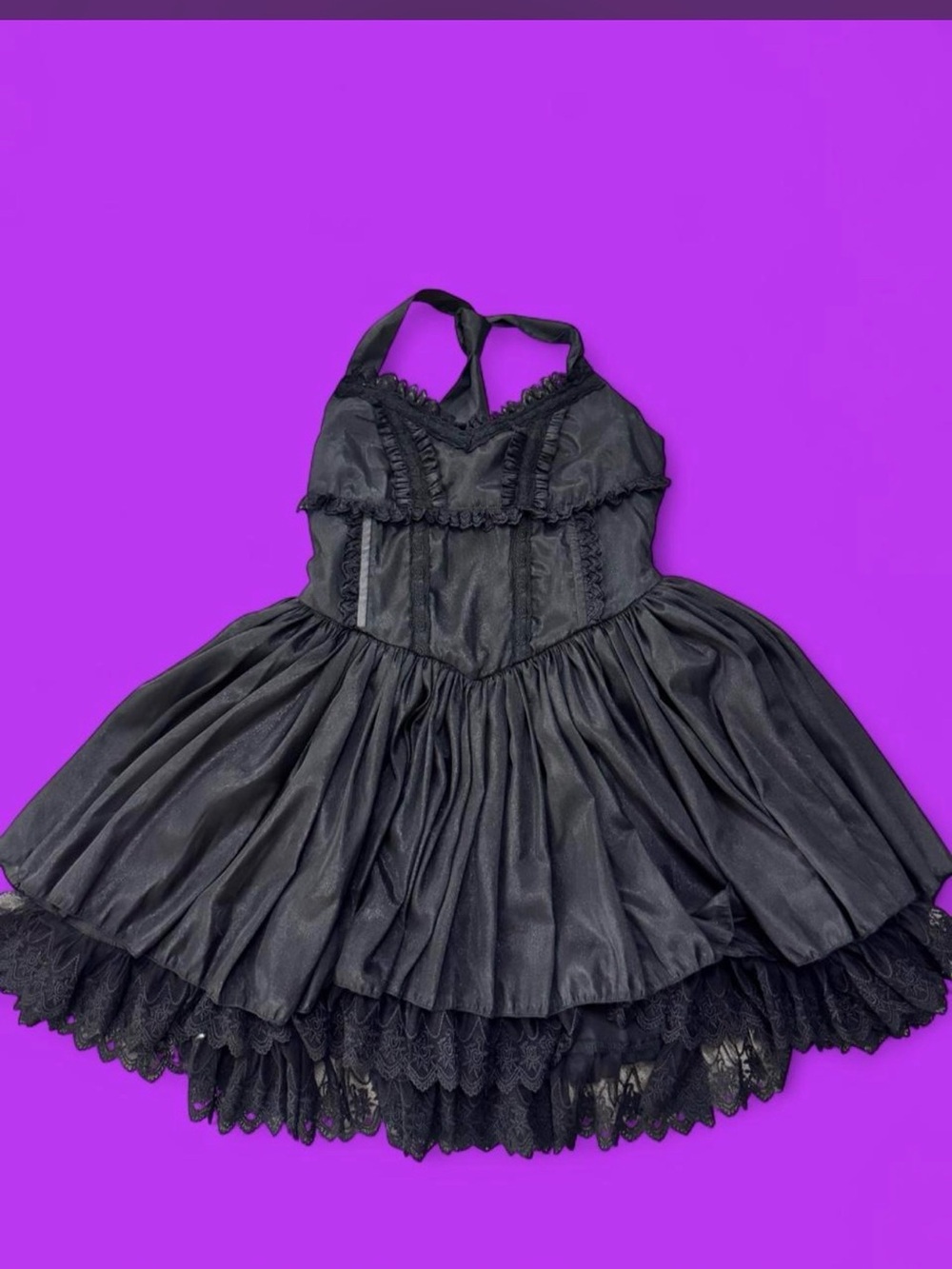 Black corset halter princess dress with lace trim